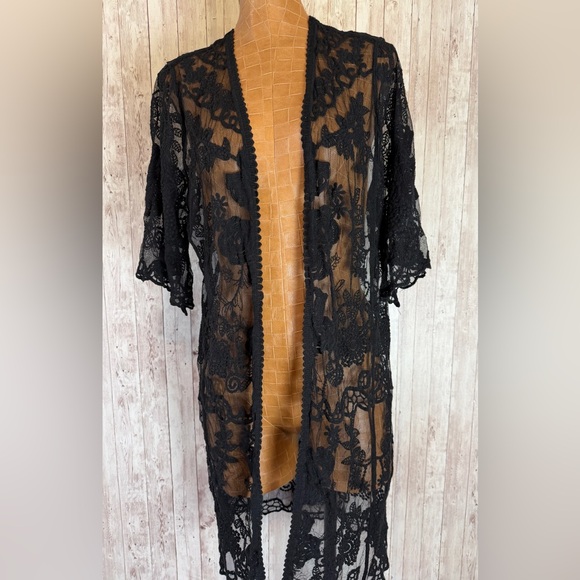 Shyanne Jackets & Blazers - Shyanne Black Mesh Embroidered Midi Kimono Jacket